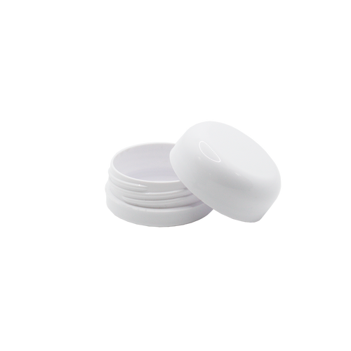 Boião de 10 ml, branco, reutilizável e reciclável, com tampa destacável e interior liso.