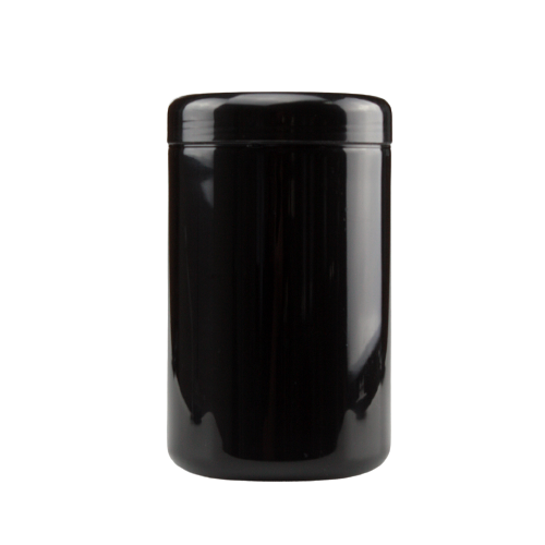 Boião de 1000 ml, em plástico preto, com acabamento liso e tampa. Design reciclável e reutilizável.