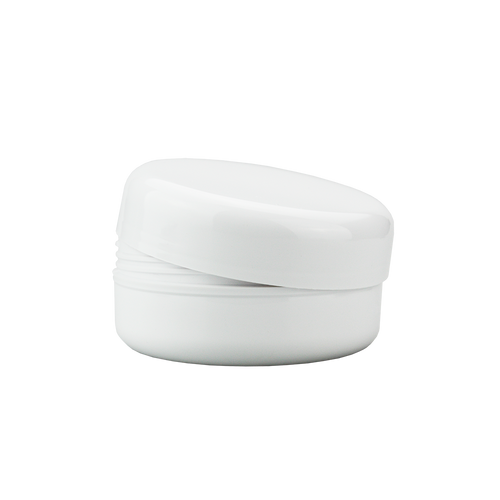 Boião branco de 125 ml, reciclável, resistente e reutilizável, com tampa curvada.