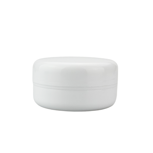 Boião de 125 ml, redondo, branco e com tampa, fabricado em material reciclável e reutilizável.