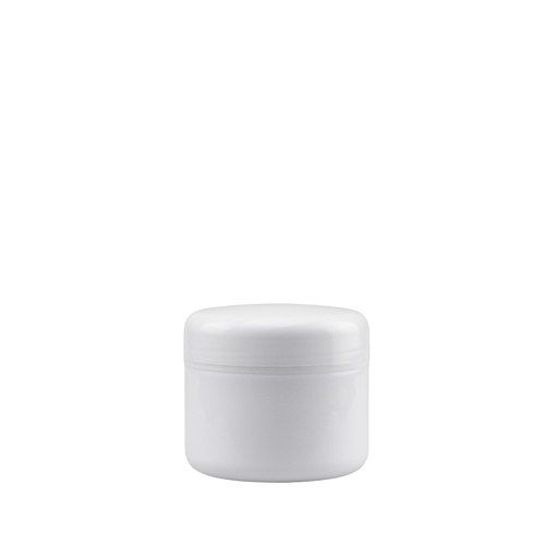 Boião de 250 ml, na cor branca, material plástico, reciclável e reutilizável, com tampa sólida.