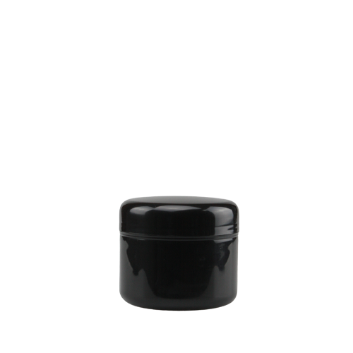 Boião de 250 ml em preto, com acabamento brilhante e tampa ajustada, ideal para armazenar líquidos.