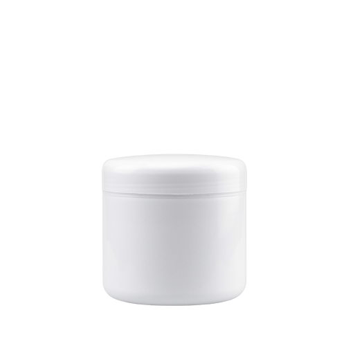 Boião branco de 500 ml, reciclável e resistente, com tampa. Design simples e reutilizável.