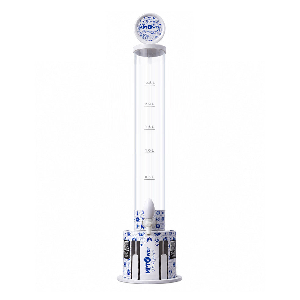 Dispensador de bebidas portátil transparente, com base branca e copos de Tritan incluídos. Ideal para festas.
